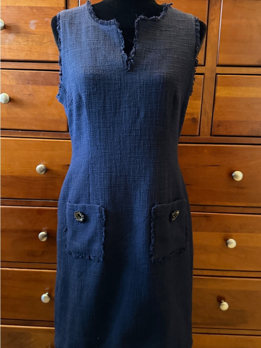 Karl Lagerfeld Navy Fringe Tweed Sleeveless Sheath Dress, fully lined